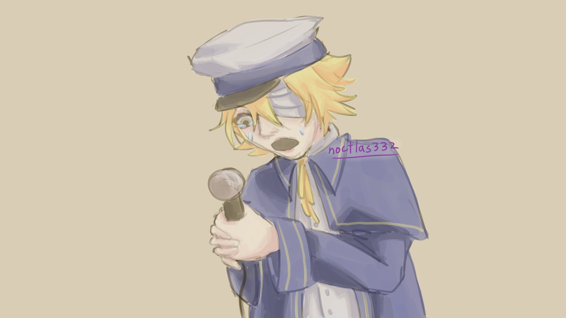 digital sketch of vocaloid oliver holding a microphone and crying